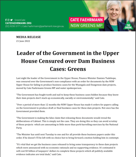 MEDIA RELEASE: Leader of the Government in the Upper House Censured over Dam...