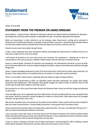 Statement from the Premier on James Merlino ...