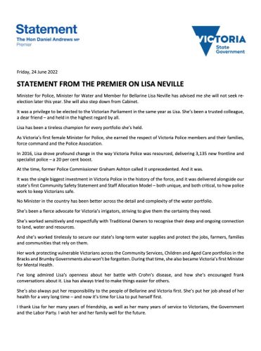 Statement from the Premier on Lisa Neville ...