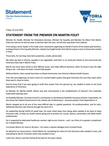 Statement from the Premier on Martin Foley ...