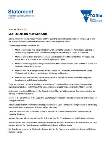 Statement from the Premier on the new Ministry ...