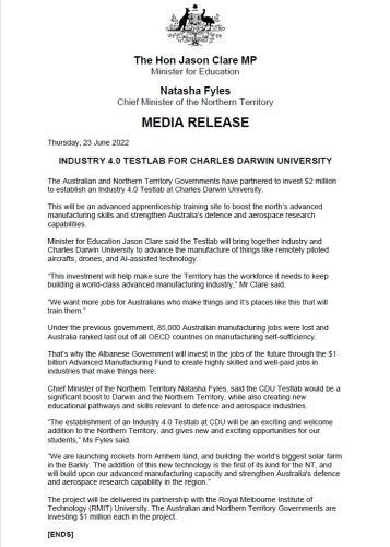 Media Release: Industry 4.0 Testlab for Charles Darwin University #auspol  ...