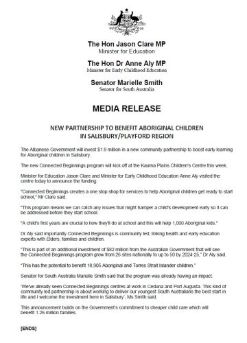 Media Release: New partnership to benefit Aboriginal children in...