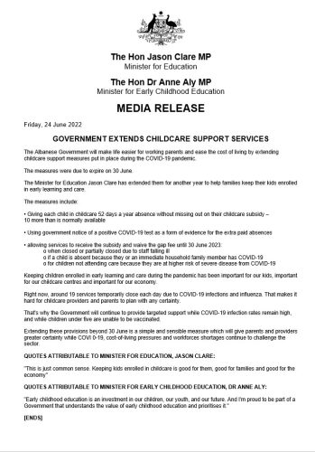 Media release: Government extends childcare support services #auspol  ...