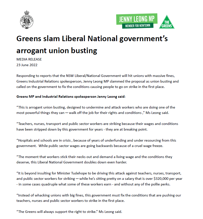 The Greens will always support the right to strike.  The Liberal National...