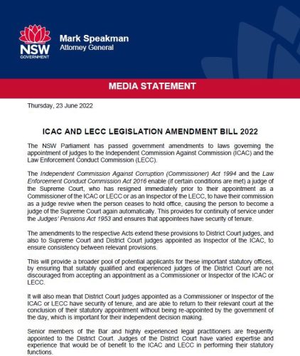 The ICAC and LECC Legislation Amendment Bill 2022, amending laws governing the ...