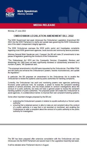 The NSW Government has introduced the #Ombudsman Legislation Amendment Bill to ...