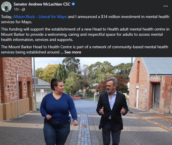 Rebekha Sharkie MP: First, it was a giant cheque. Now, it’s a Head to Health mental health…