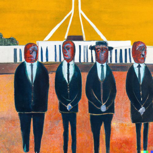 A painting of MPs at Australian Parliament House in the style of...