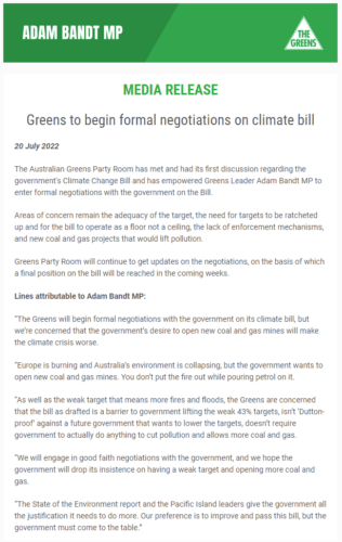 The Greens will enter formal negotiations with the governmen...