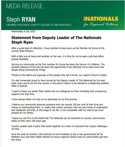 Nationals Victoria: ICYMI – statement from our Deputy @StephRyanNats on her intention not …
