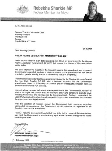 Rebekha Sharkie MP: On Thursday afternoon, I delivered this letter to the Attorney-General…