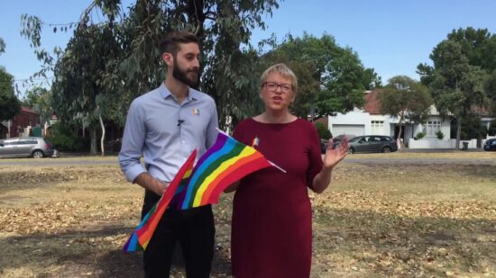 Janet and Adam Pulford launching Greens LGBTIQ+ policies