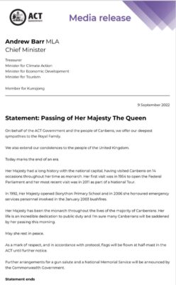 Andrew Barr MLA: Statement: Passing of Her Majesty The Queen …
