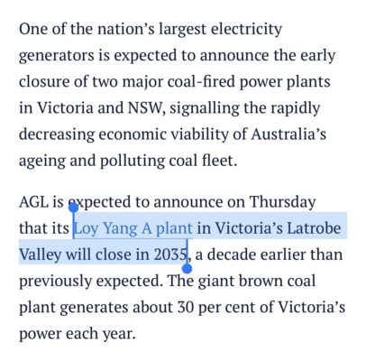 Samantha Ratnam – Leader of the Victorian Greens: Today AGL is expected to announce that Loy Yang A will close by 2035.
…