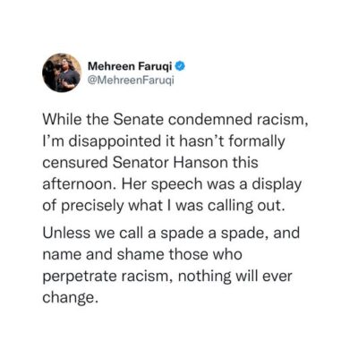 The Australian Greens: Racism must be held to account. Hanson’s response in the chamber ended…