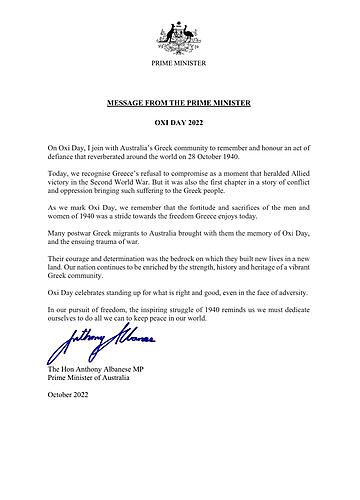 Message from the Prime Minister – Oxi Day 2022. ...