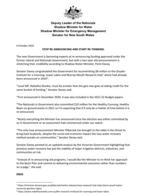 Senator Perin Davey: Minister for Water has re-announced funding approved under the former …