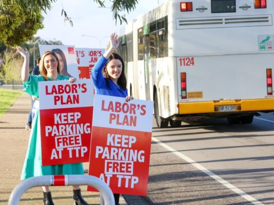 Labor MPs Olivia Savvas MP and Rhiannon Pearce MP and volunteers are o...