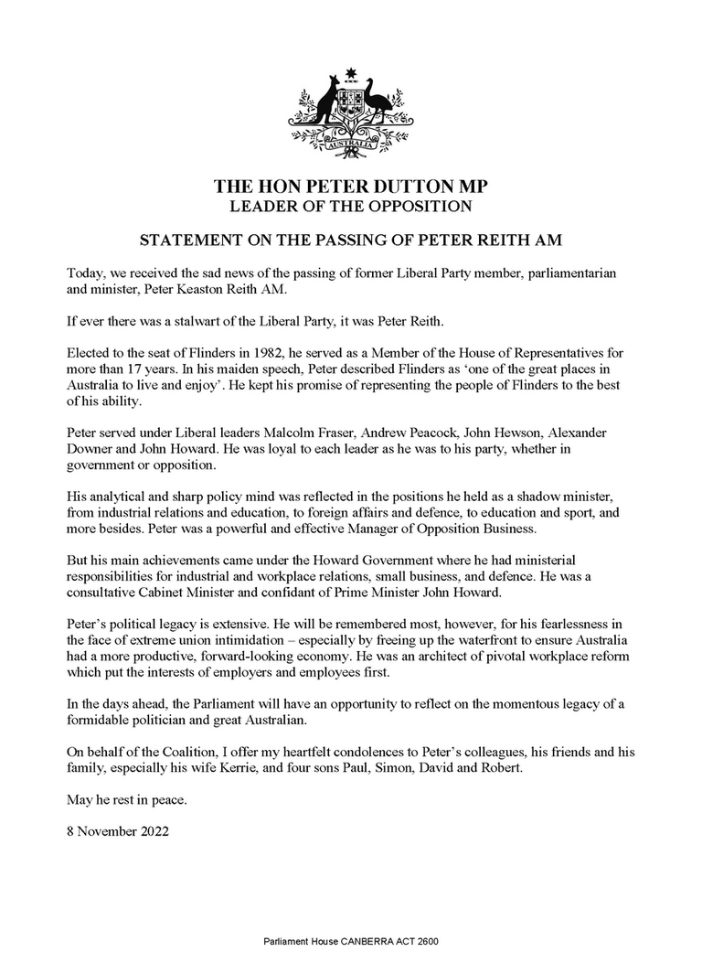 Peter Dutton: Sad news today of the passing of former Liberal Party member, par…