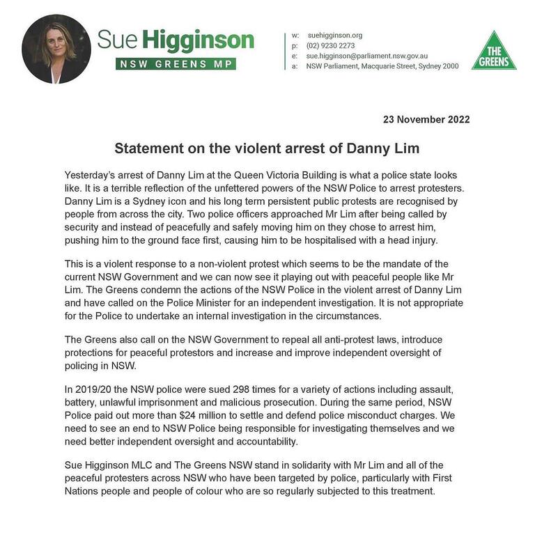 Sue Higginson: The Greens condemn the violent arrest of Sydney icon Danny Lim an…