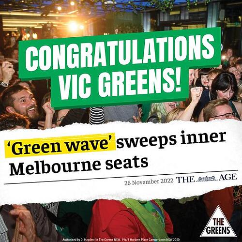 The greenslide continues  Congratulations to the Victorian Greens...