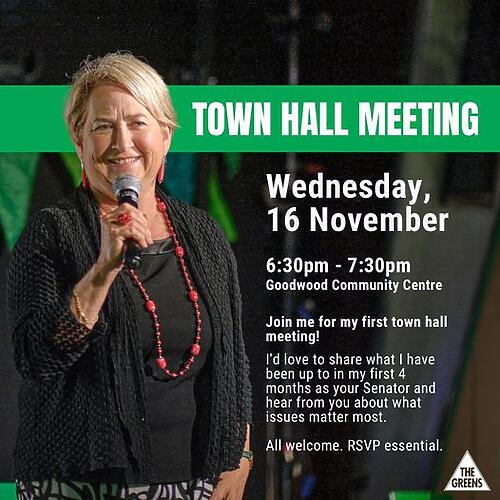 The Greens SA: Join Senator Barbara Pocock next wednesday for her Town Hall Meet…