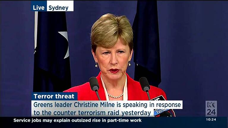 VIDEO: Australian Greens: Greens Leader Christine Milne calls for unity against terror