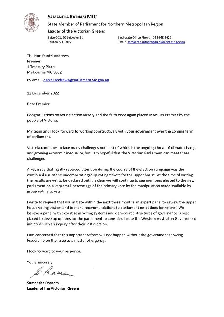 Samantha Ratnam – Leader of the Victorian Greens: I’ve written to the Premier asking that an independent panel be e…