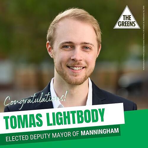 CONGRATS to Greens councillor Deputy Mayor Tomas Lightbody electe...