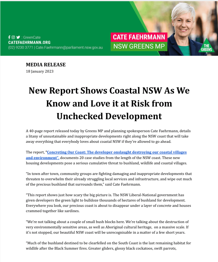 Cate Faehrmann 🌏🐨: MEDIA RELEASE: New Report Shows Coastal NSW As We Know and Love i…