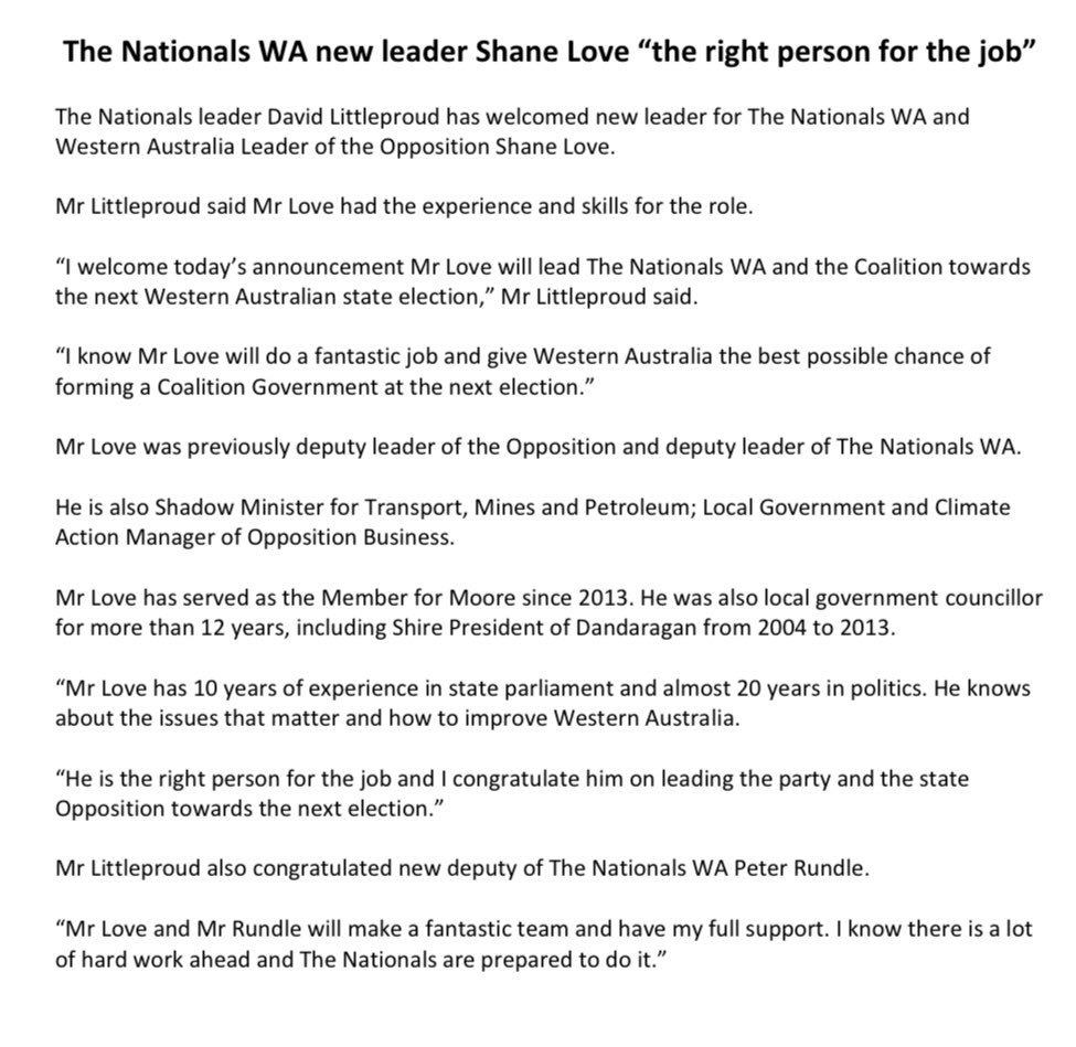 David Littleproud MP: Congratulations to new @TheNationalsWA Leader @ShaneLove_Moore an…
