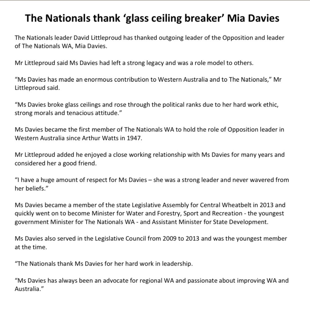 David Littleproud MP: I’d like to thank @MiaDaviesMLA for all that she has done as Lead…