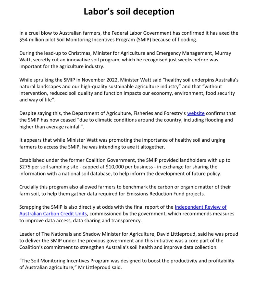David Littleproud MP: Labor’s decision to end the Soil Monitoring Investment Program is…