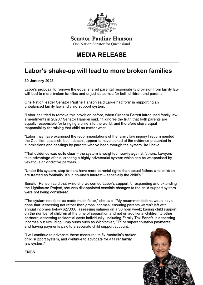 Pauline Hanson 🇦🇺: Media Release | Labor’s shake-up will lead to more broken familie…