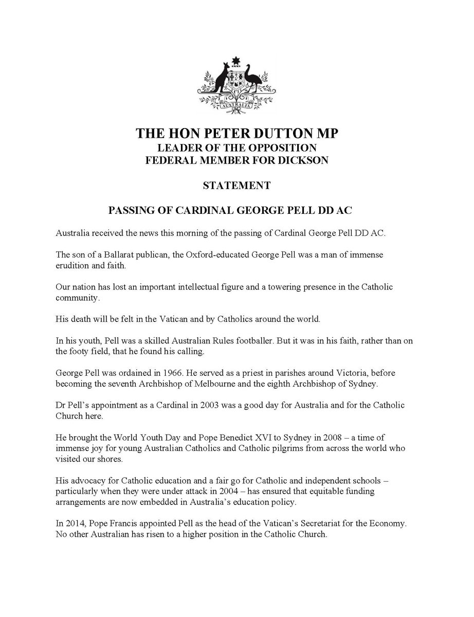 My statement on the passing of Cardinal George Pell DD AC. ...