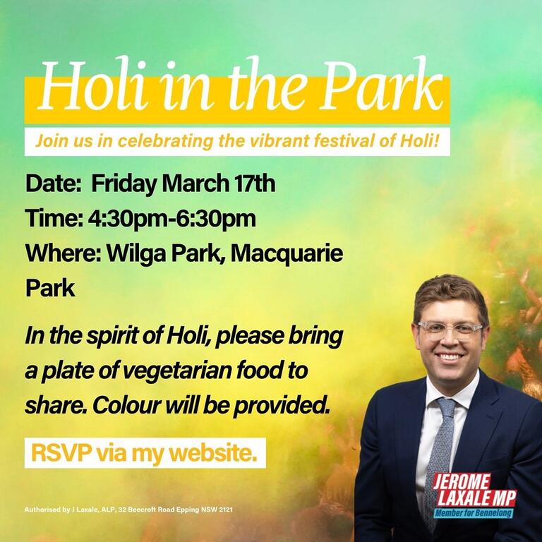 Jerome Laxale MP: Join us in celebrating the lively festival of Holi at Wilga Park …