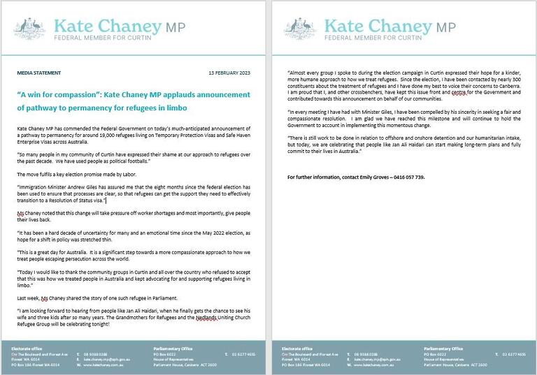 Kate Chaney: Great news this morning for 19,000 temporary visa holders – they …