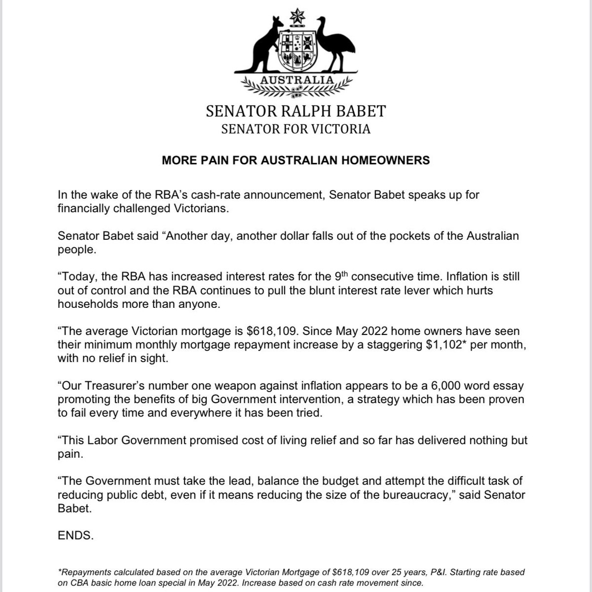 Senator Babet: Today the RBA raised the rates by 25 basis points. This is the 9t…