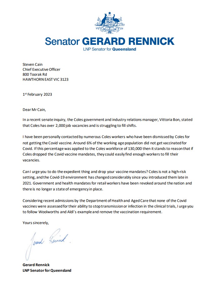 Senator Gerard Rennick: Coles is still enforcing jab mandates, yet they are complaining t…