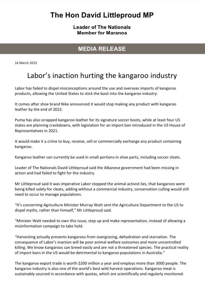 Labor’s inaction is hurting the kangaroo industry. ...