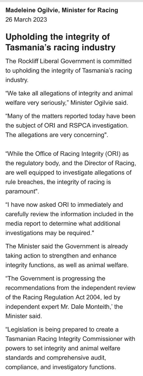 Madeleine Ogilvie has issued the attached statement. ORI already...