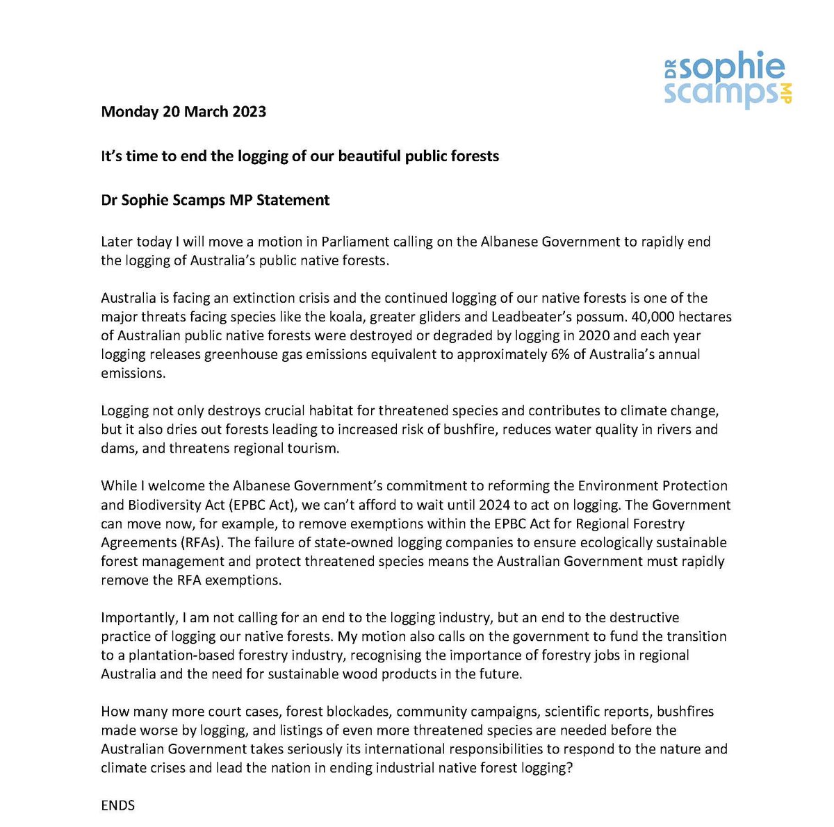 Dr Sophie Scamps MP: It’s time to end the logging of our beautiful public native fores…