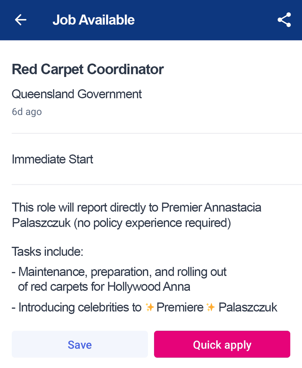 LNP – Liberal National Party: There’s a job opening in Premier Palaszczuk’s office  …