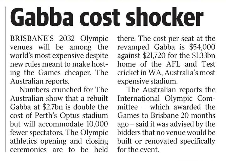 "The Gabba can be revitalised for far less than nearly $3 billion. The...