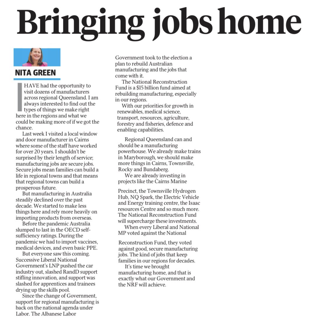 Senator Nita Green: We’re bringing manufacturing back home to regional Australia. The…