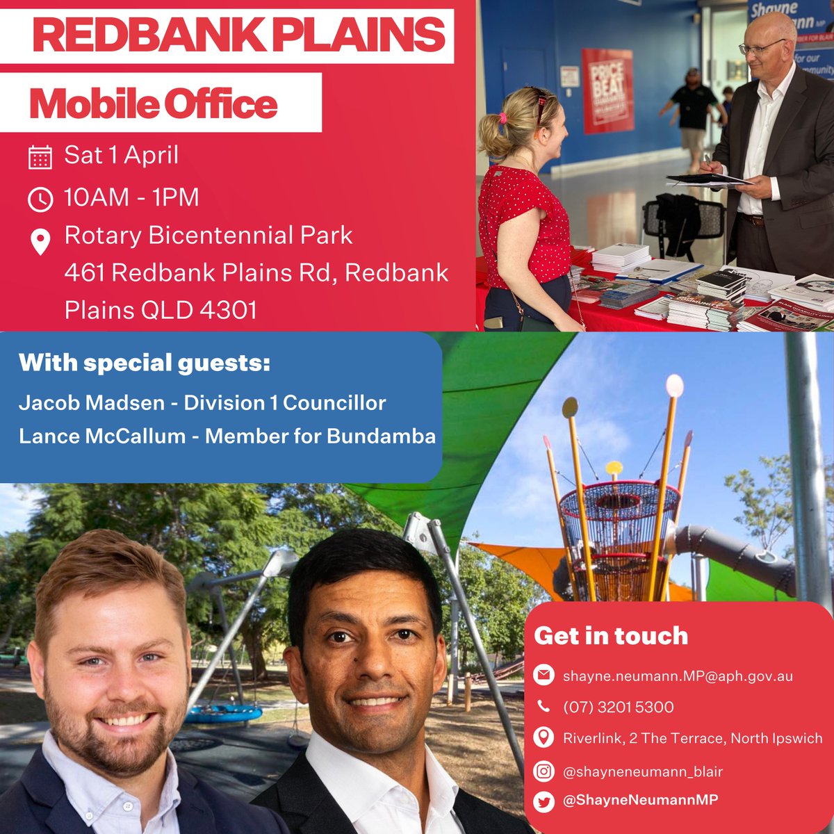 Shayne Neumann: This Saturday I will be holding a BBQ & Mobile Office at Redbank …