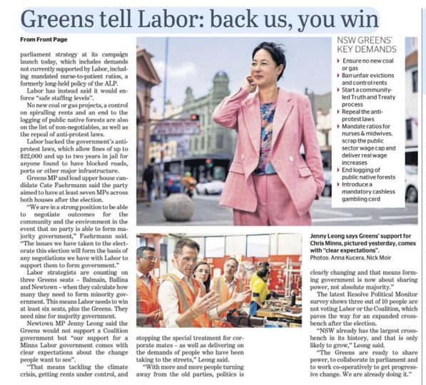 Breaking: In Balance of Power, the Greens will demand...