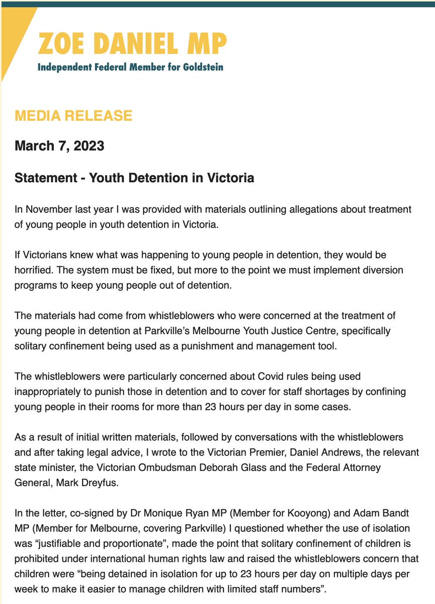 Zoe Daniel: Statement on youth detention in Victoria. #auspol …
