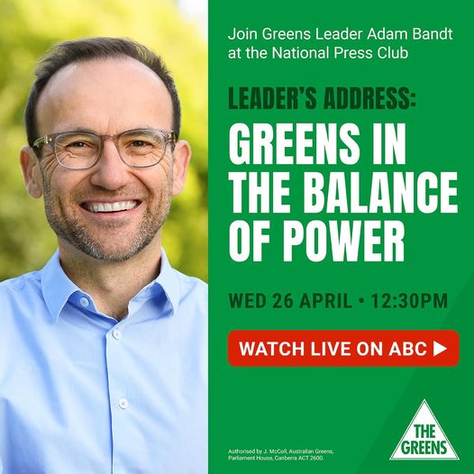 12.30pm AEST this Wednesday, Adam Bandt will be addressing the Na...